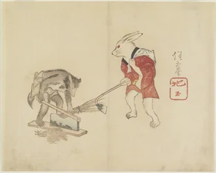 Rabbit and Raccoon Chopping Straw, c. 1830